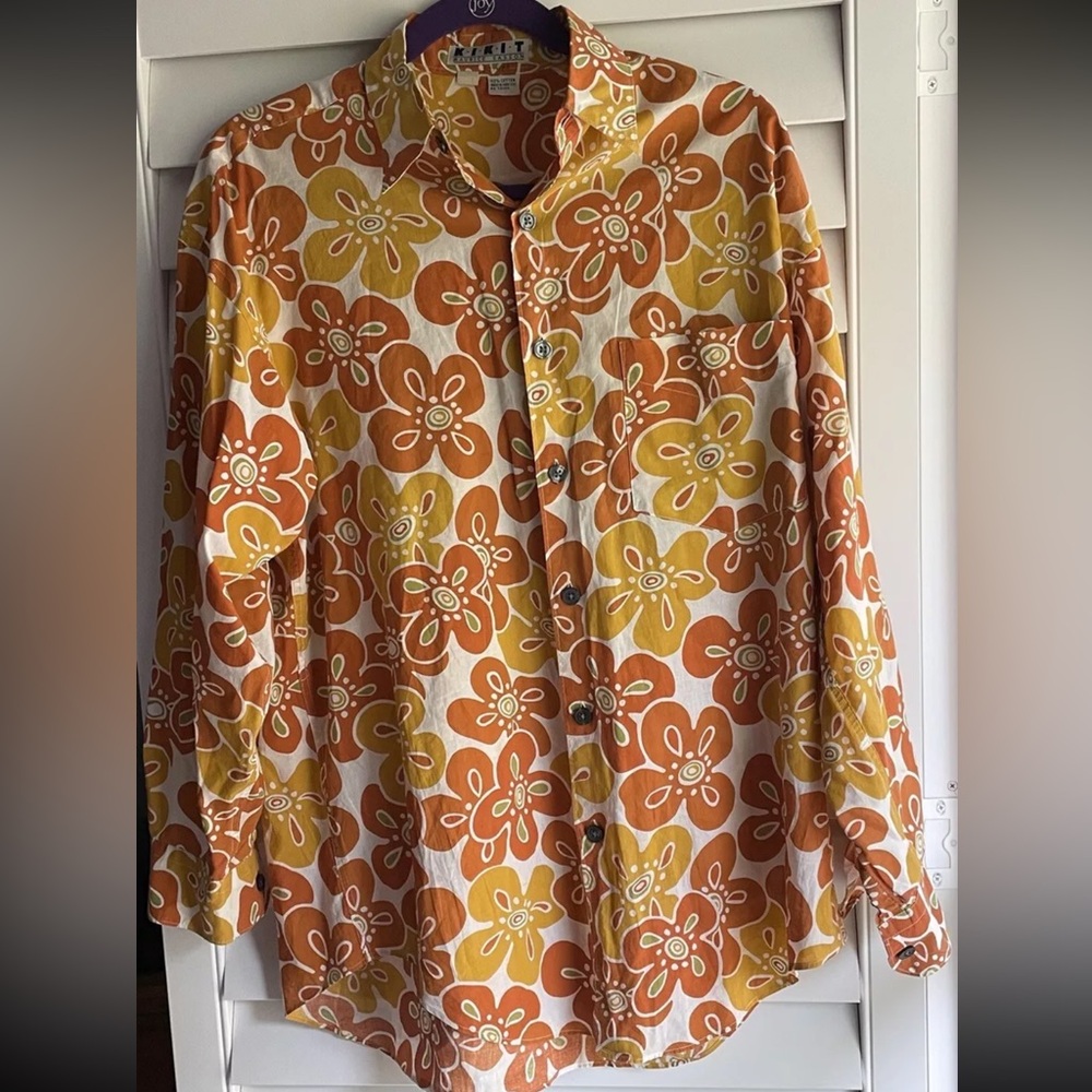 Vintage Shirt KIKIT Maurice Sasson 1980’s Cotton Long Sleeve Hippy Orange Print